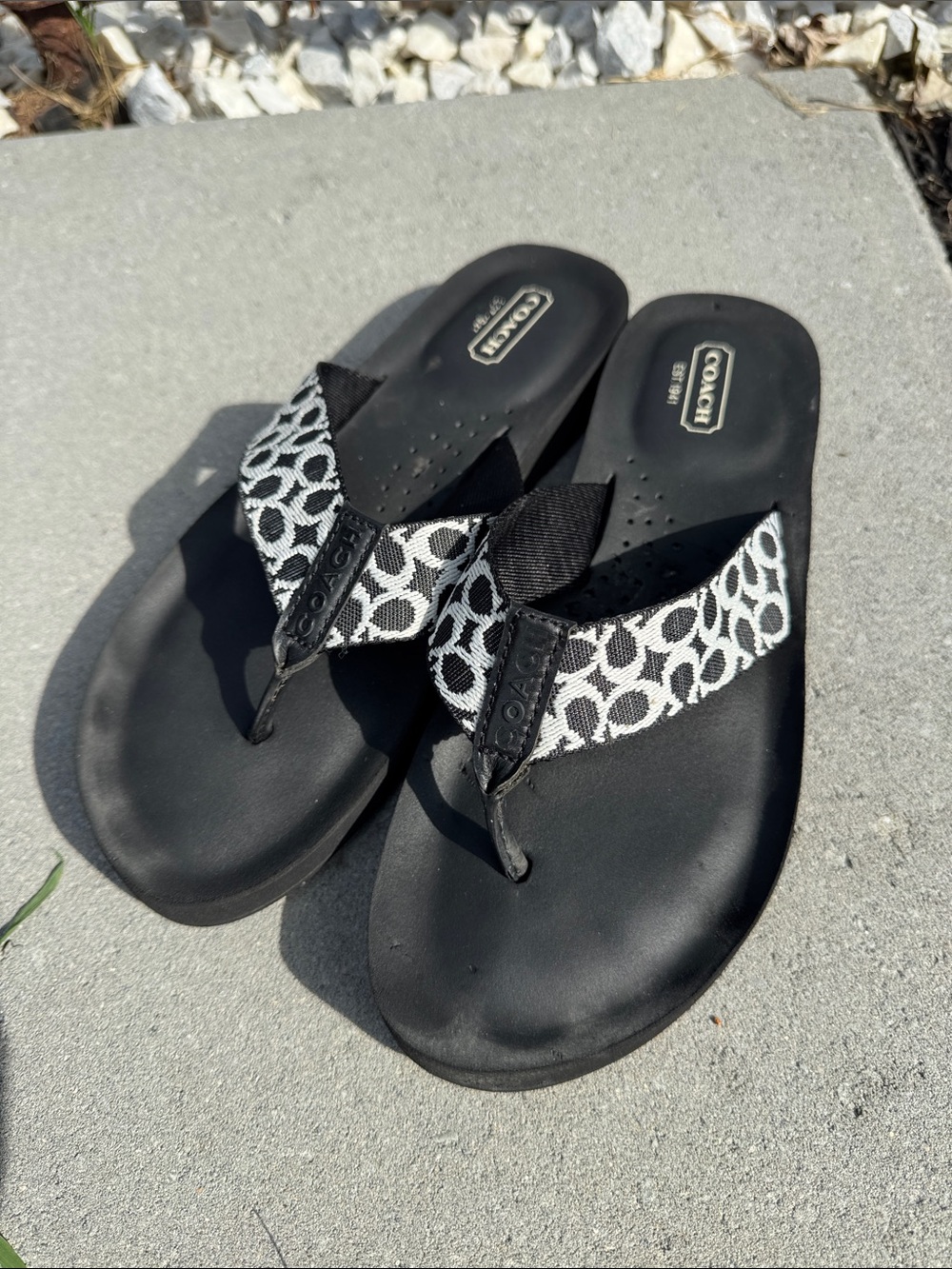 Coach Black and White Signature Monogram Flip Flop Sandals
